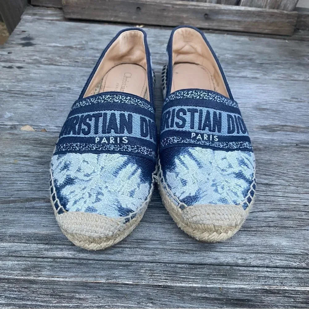 Dior Granville Tie Dye Denim Blue White Logo Embroidered Espadrille Flat 35